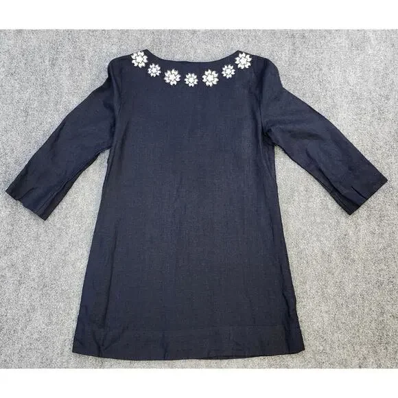 J Crew Top Womens 0 Blue Navy Linen Embroider Sequin Pullover Boho Coastal Y2K - Picture 3 of 12